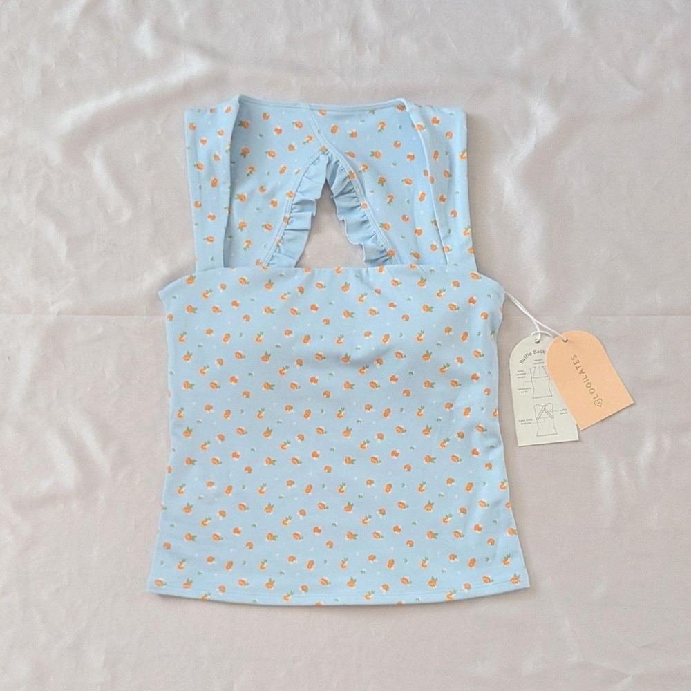 New Blogilates Women's Ruffle Back Tank Top Blue Citrus Activewear Medium 6-8